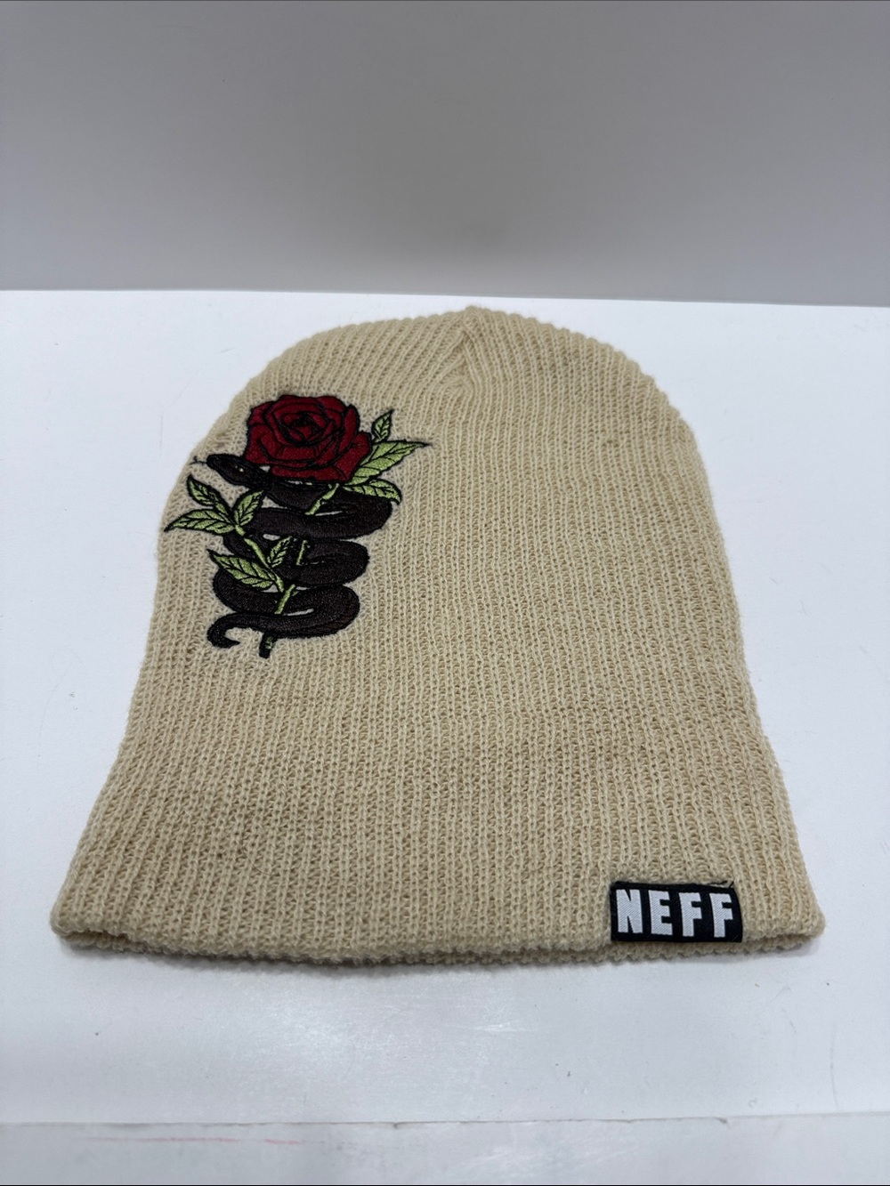 Neff Beige Beanie with Red Rose & Black Snake Patch